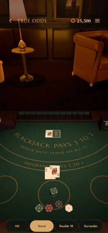 A live blackjack hand: the felt reads Blackjack pays 3 to 2, dealer must stand on all 17s; the player holds a two and a queen, with Hit, Stand, Double and Surrender below.