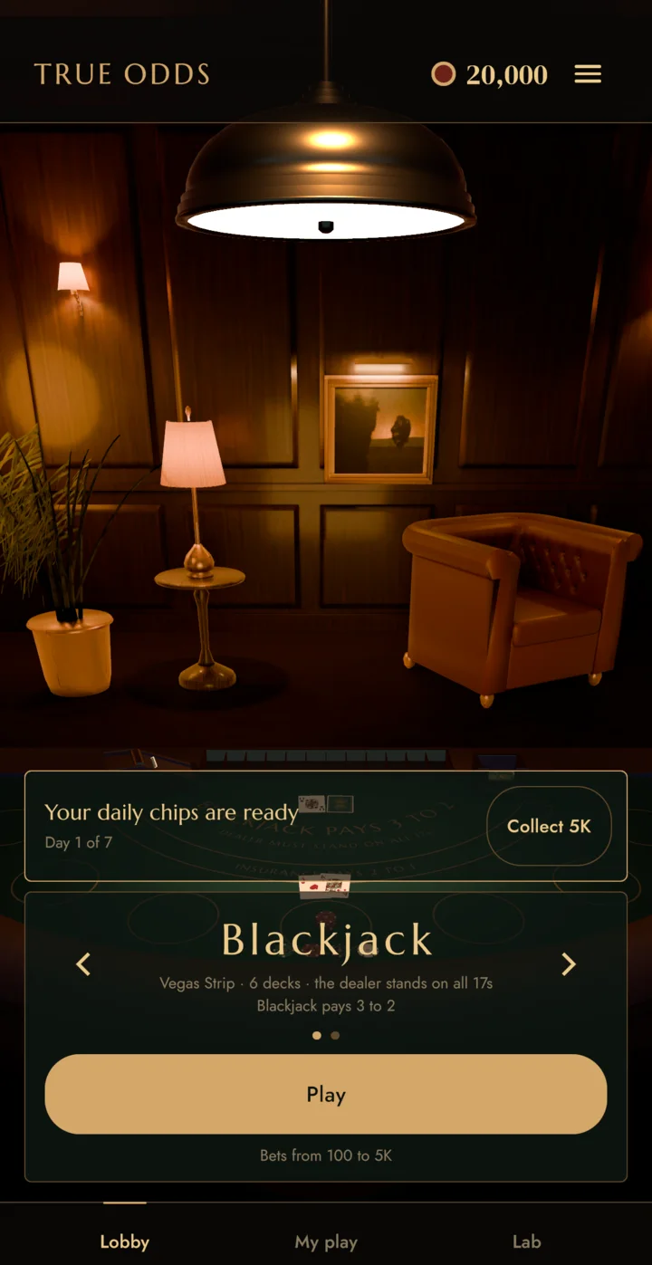 The True Odds lobby: a wood-panelled room under a brass pendant lamp, a card offering the daily chips, and the Blackjack table card with its rules (Vegas Strip, 6 decks, the dealer stands on all 17s, blackjack pays 3 to 2) and a Play button.