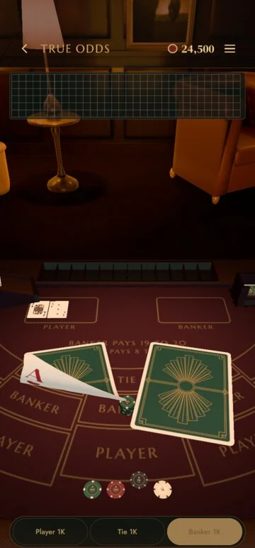 A live baccarat coup with the squeeze: the player's ace of hearts peeled up from its corner, the second card still face down, on an oxblood felt marked Banker pays 19 to 20, Tie pays 8 to 1.